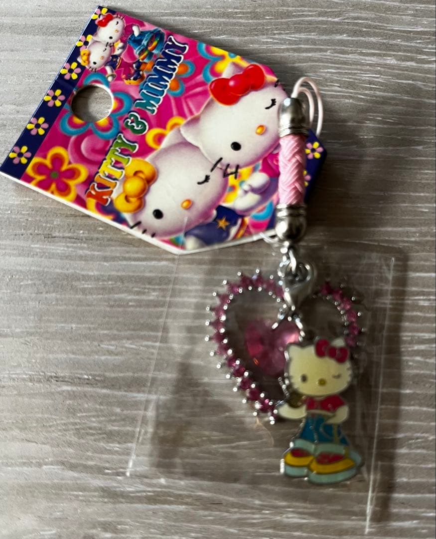 激レア◎キティ＆ミミィの足長脚長◎根付けストラップ◎ラインストーン(ハート)