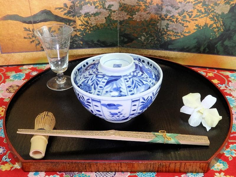 古伊万里　染付　芙蓉手　花鳥紋の図　大振蓋茶碗　F319AS-CXz