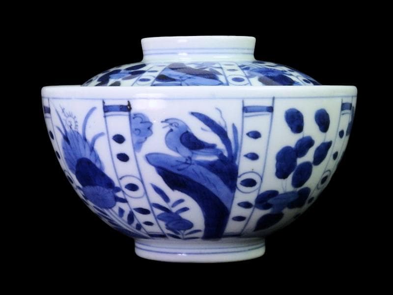 古伊万里　染付　芙蓉手　花鳥紋の図　大振蓋茶碗　F319AS-CXz