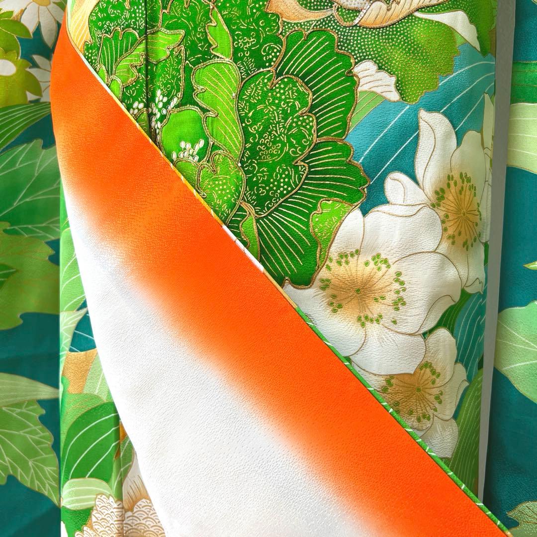 434 振袖フルセット やや難あり 正絹 緑 グリーン 金彩 駒刺繍 暈し染め