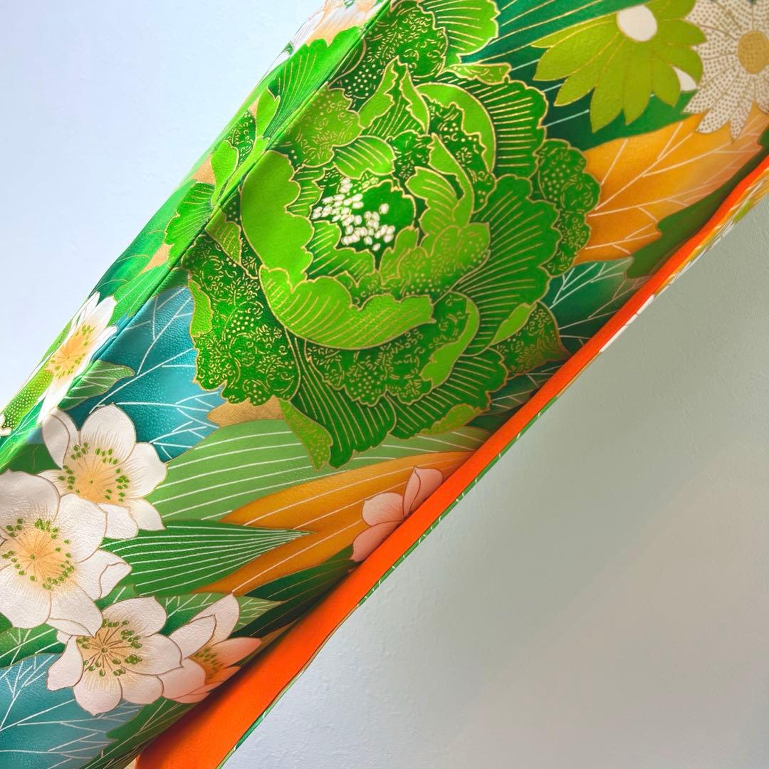 434 振袖フルセット やや難あり 正絹 緑 グリーン 金彩 駒刺繍 暈し染め