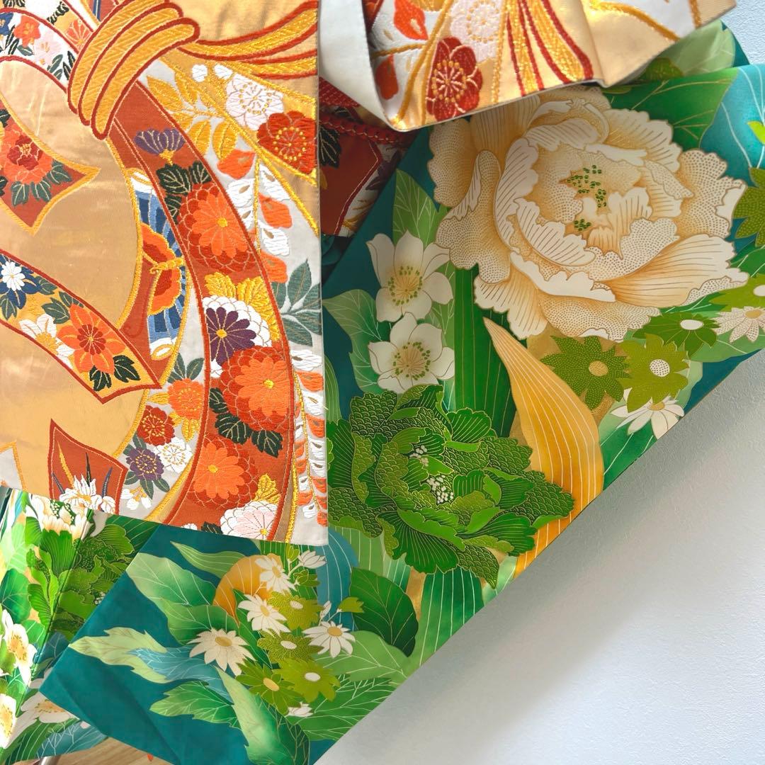 434 振袖フルセット やや難あり 正絹 緑 グリーン 金彩 駒刺繍 暈し染め