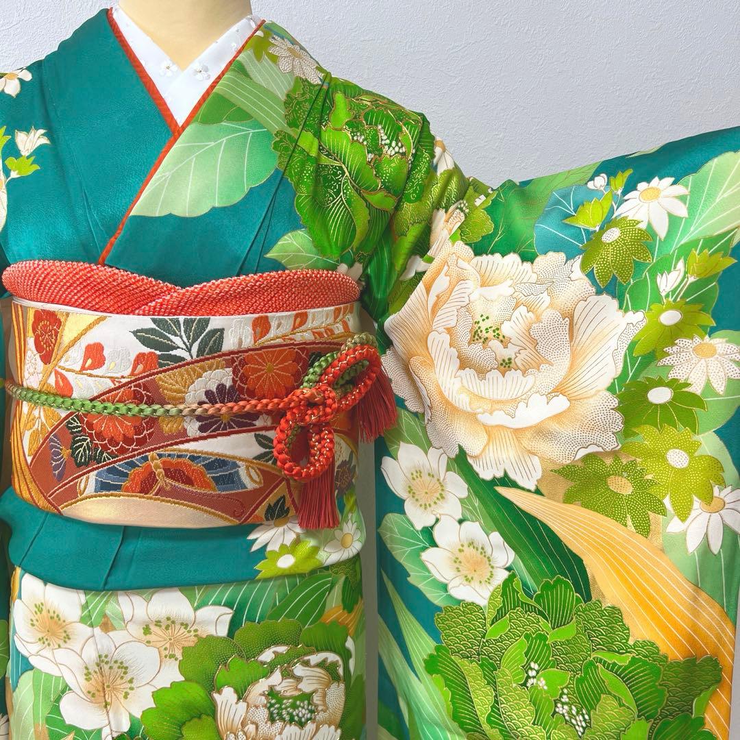 434 振袖フルセット やや難あり 正絹 緑 グリーン 金彩 駒刺繍 暈し染め