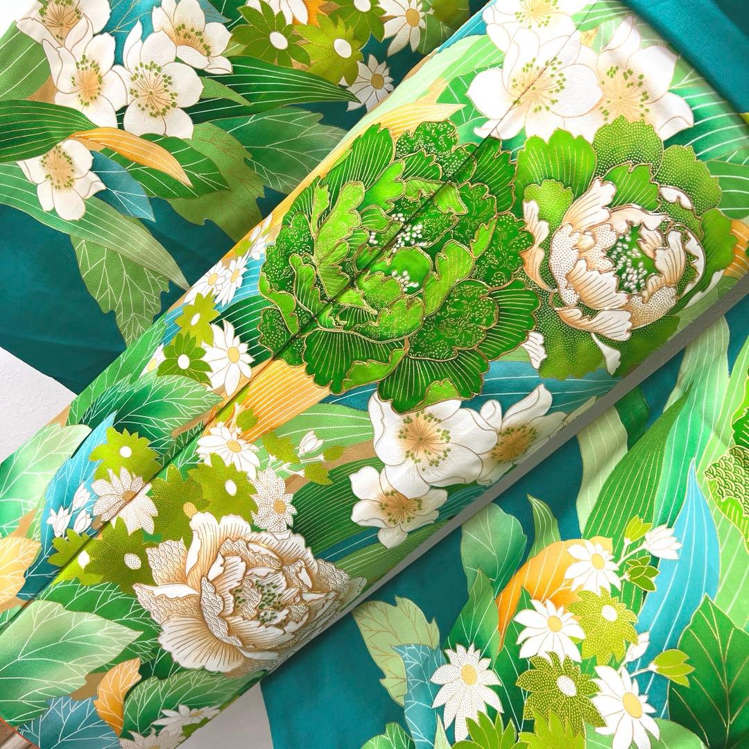 434 振袖フルセット やや難あり 正絹 緑 グリーン 金彩 駒刺繍 暈し染め