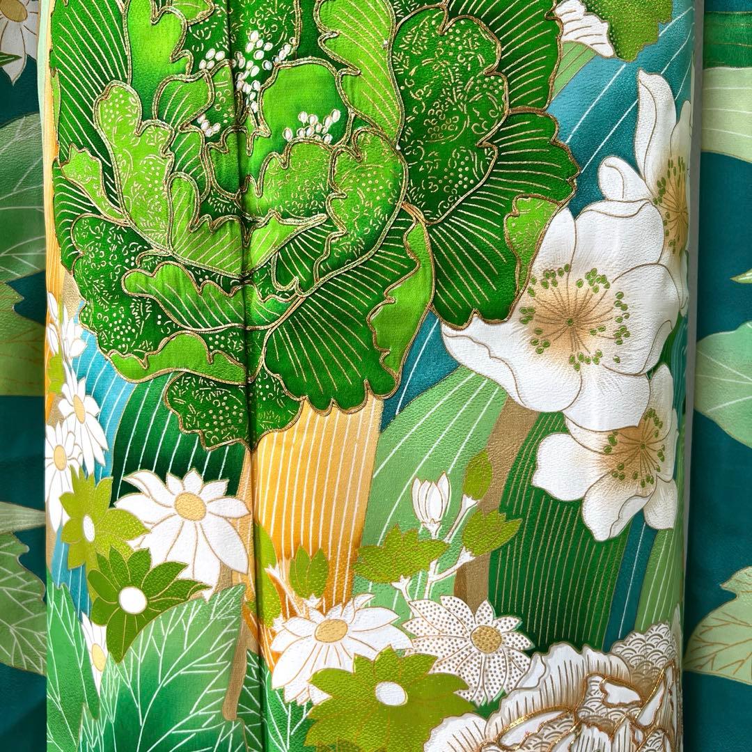 434 振袖フルセット やや難あり 正絹 緑 グリーン 金彩 駒刺繍 暈し染め