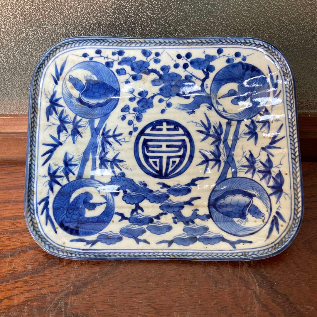 古伊万里染付鶴亀松竹梅四方皿 江戸時代　茶碗2点