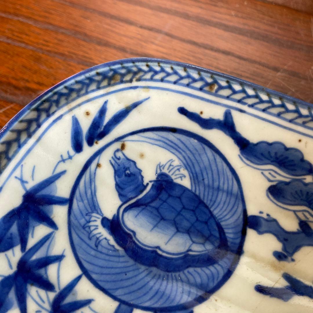 古伊万里染付鶴亀松竹梅四方皿 江戸時代　茶碗2点