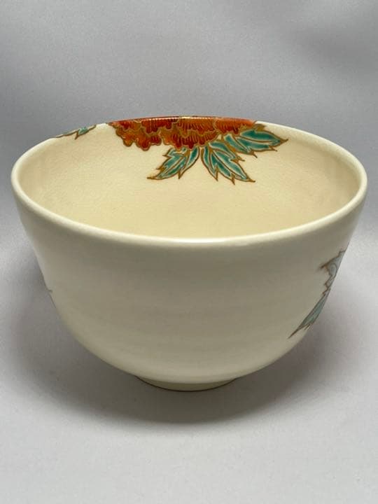 茜窯　岡田華渓　四季草花絵　茶碗　鵬雲斉大宗匠箱書付　無傷　未使用品　抹茶茶碗