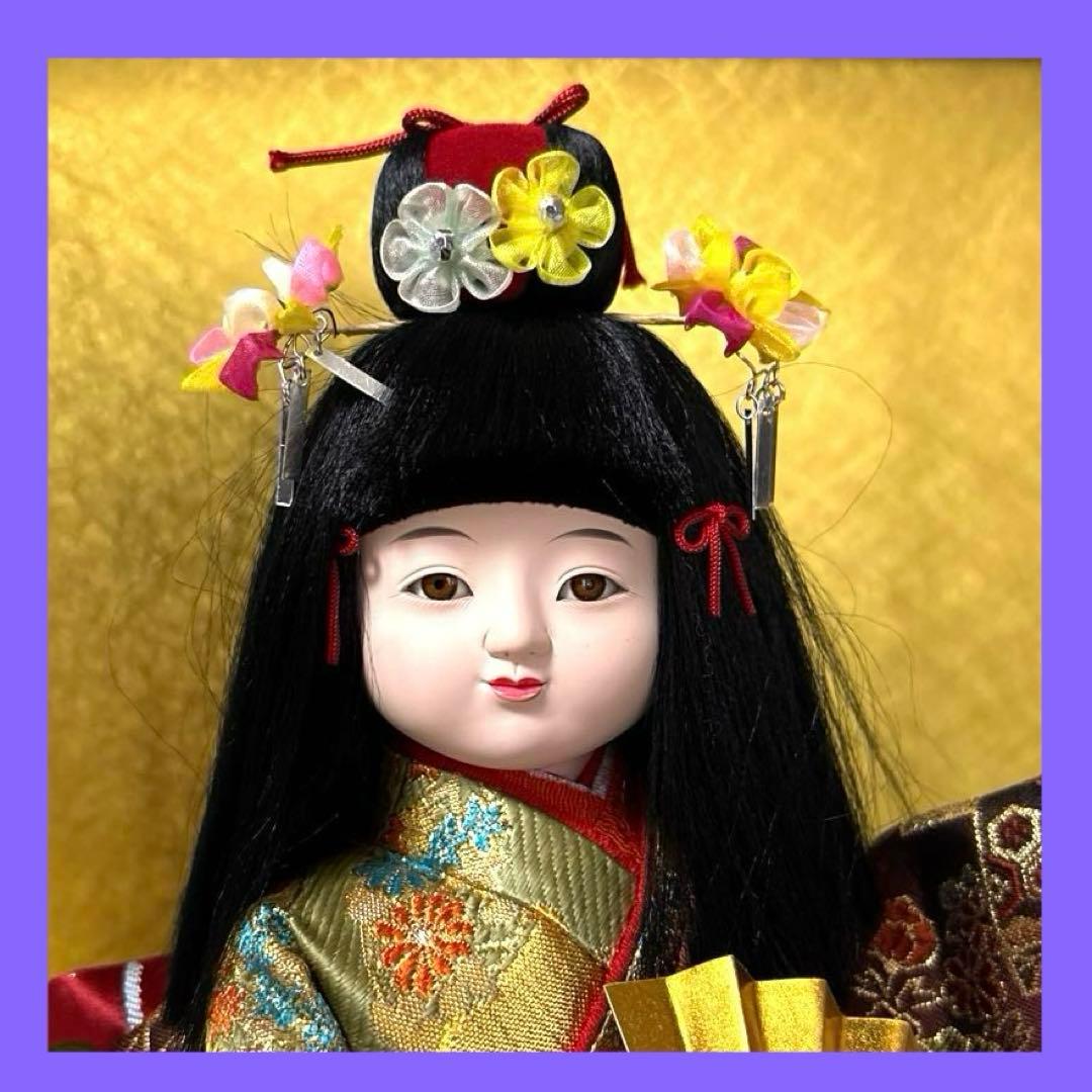 日本人形 市松人形 金扇子 舞踊 台付き 正絹 美少女 御所人形 桜山作