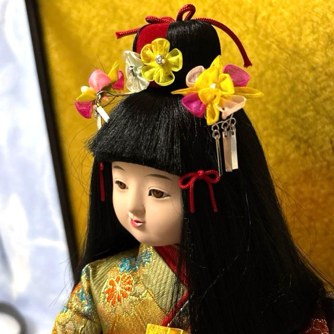 日本人形 市松人形 金扇子 舞踊 台付き 正絹 美少女 御所人形 桜山作