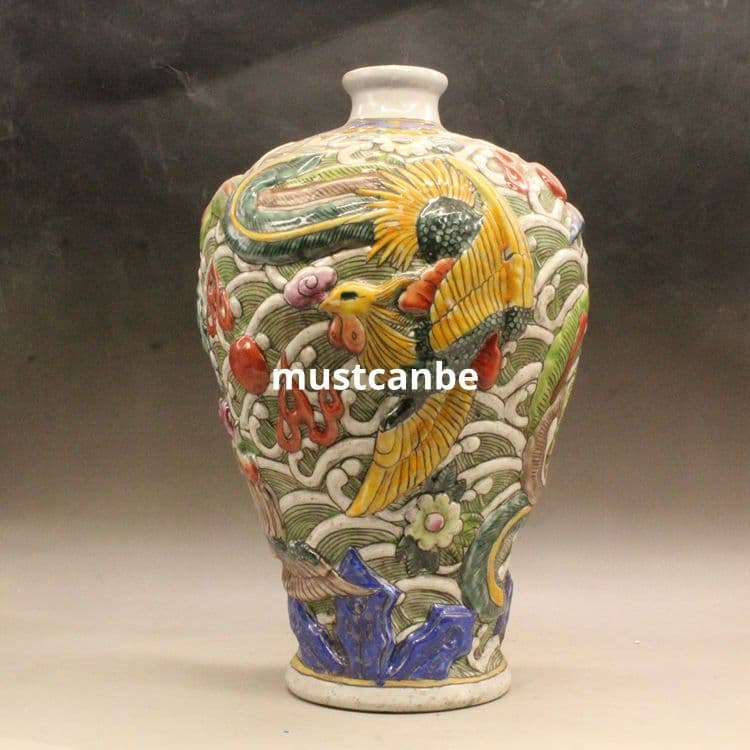 清道光彫刻パステル鳳紋梅瓶 景徳鎮 陶磁器 装飾品 現代工芸品 美術品 置物