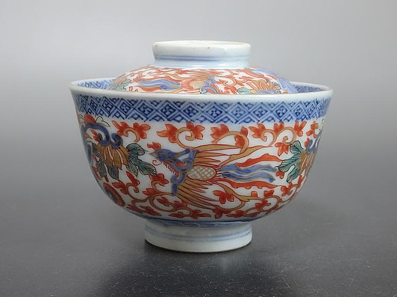 古伊万里　色絵　花唐草に鳳凰の図　蓋茶碗　２客C239A-A -BDg