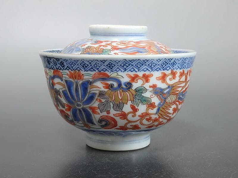 古伊万里　色絵　花唐草に鳳凰の図　蓋茶碗　２客C239A-A -BDg