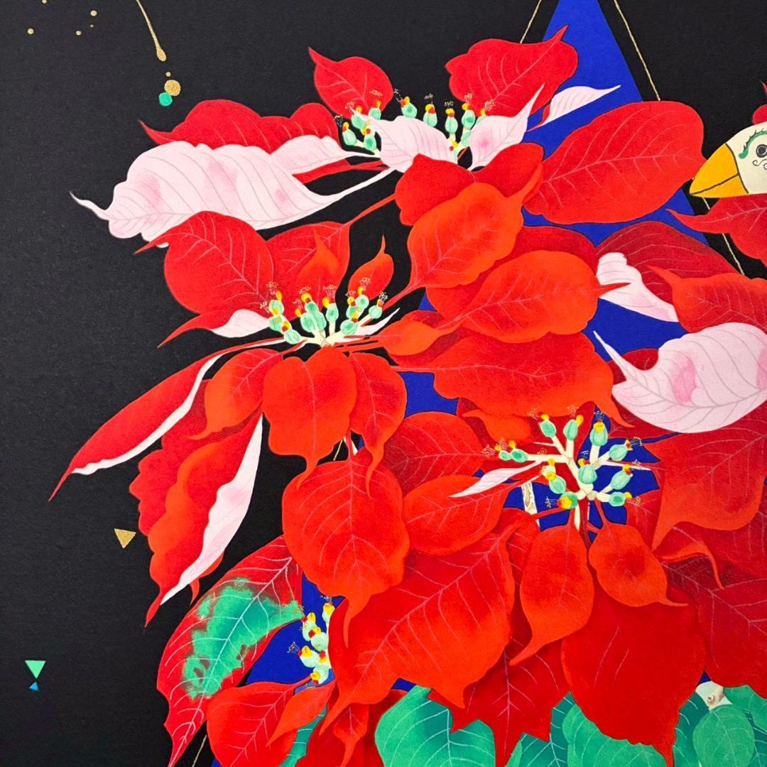 中島千波「ポインセチア」リトグラフ 直筆サイン・落款有 額縁入り 日本画家 猫