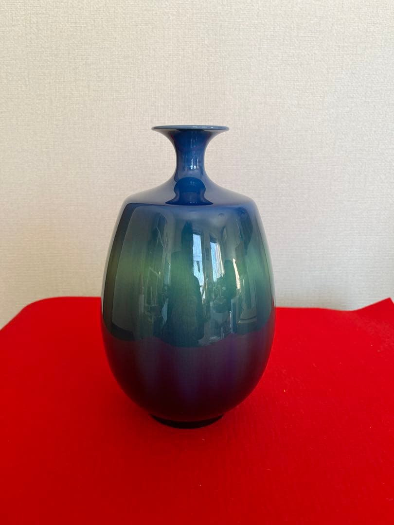 人間国宝 柳雨軒 三代 徳田八十吉 碧明釉 壺 管理T250 共箱 陶歴付