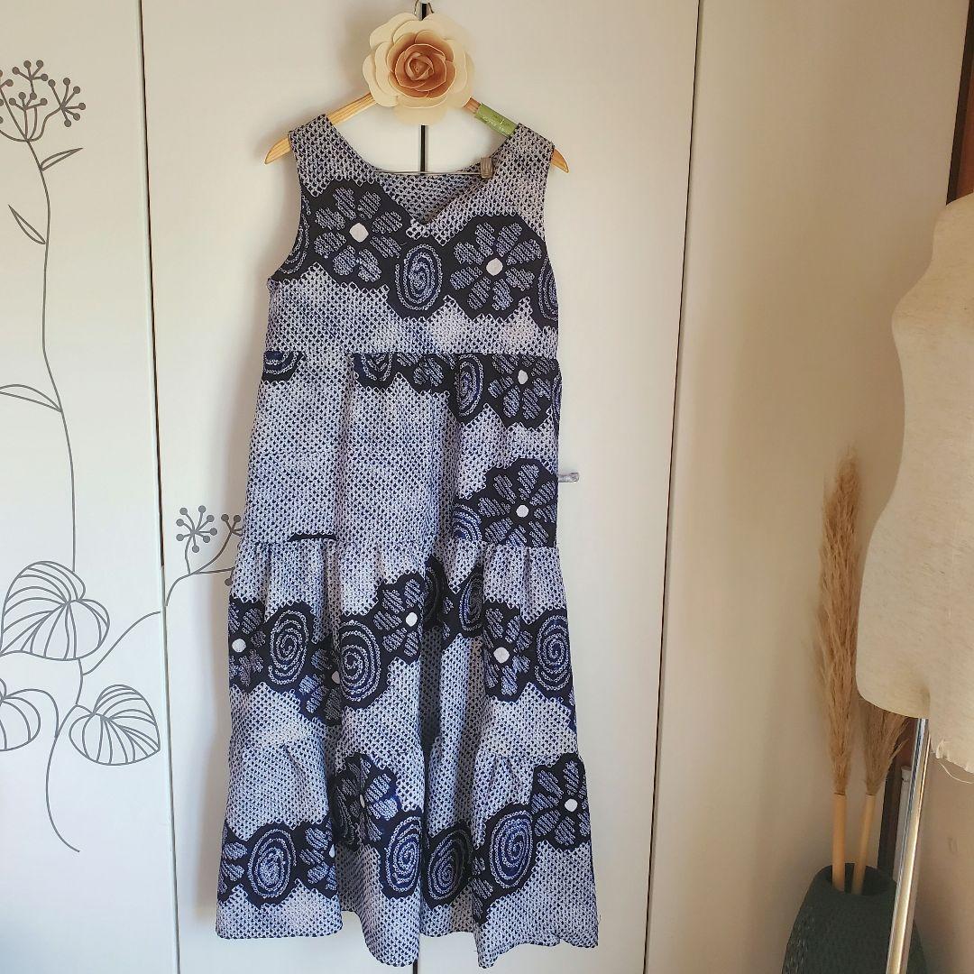 さと　有松絞りリメイク、有松ティアードワンピース、サロペット