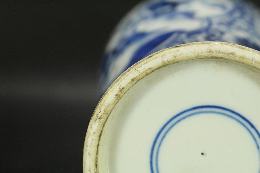 中国美術 青花 纏枝蓮花 武人紋 瓶 高25.5cm(HA374)