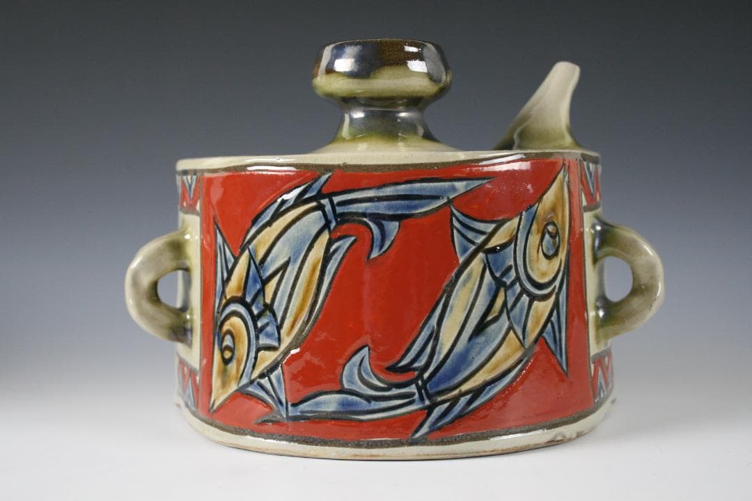 壺屋焼　金城敏幸　赤絵双魚文抱瓶（大）