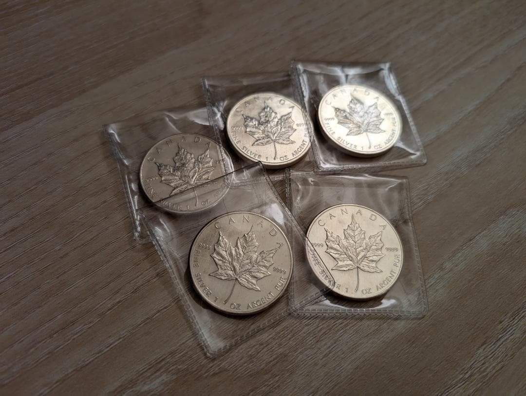 2008年 5枚 カナダ「メイプルリーフ」純銀 1オンス 銀貨