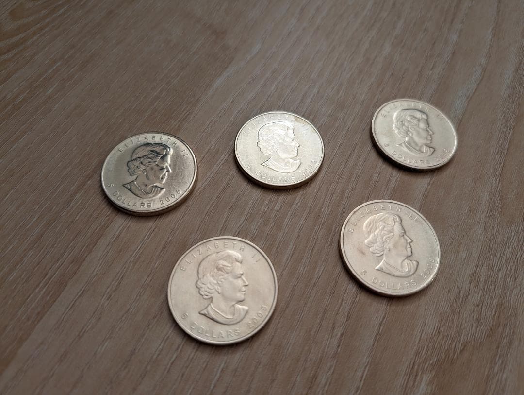 2008年 5枚 カナダ「メイプルリーフ」純銀 1オンス 銀貨