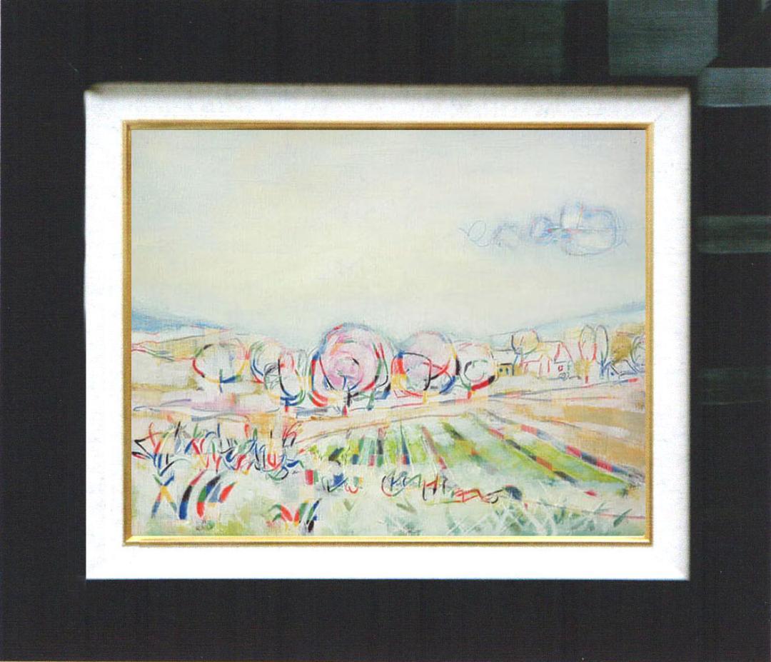 絵画 インテリア 絵 額付(銀) 油絵 F4-080311 風景 畑と木