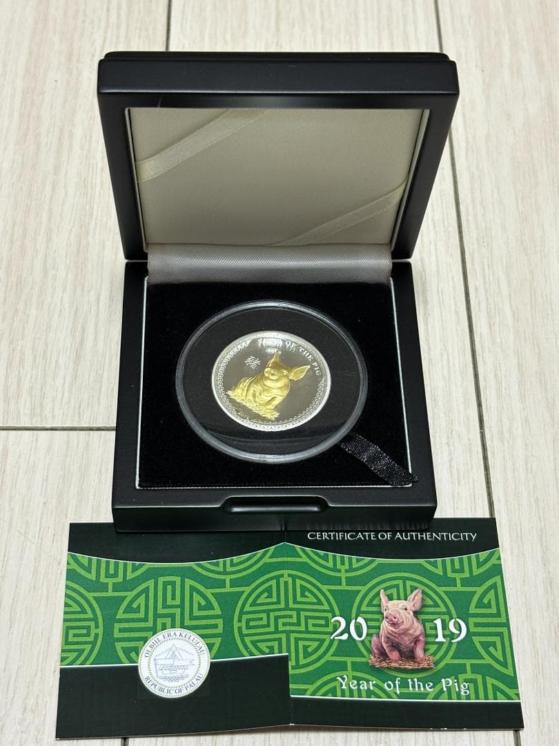 【新品/未使用】2019 パラオ　干支　猪図　金メッキ　5ドル銀貨