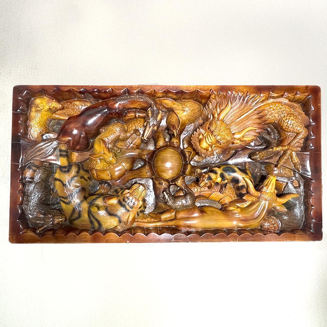 【希少】中国美術 干支 テーブル アンティーク 彫刻 木彫 ガラス天板 縁起物