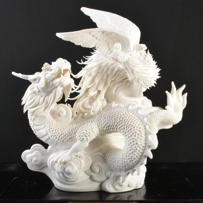 中国　陳文成作　徳化窯白磁　吉祥龍鳳　置物　箱・証書付　V　5457A