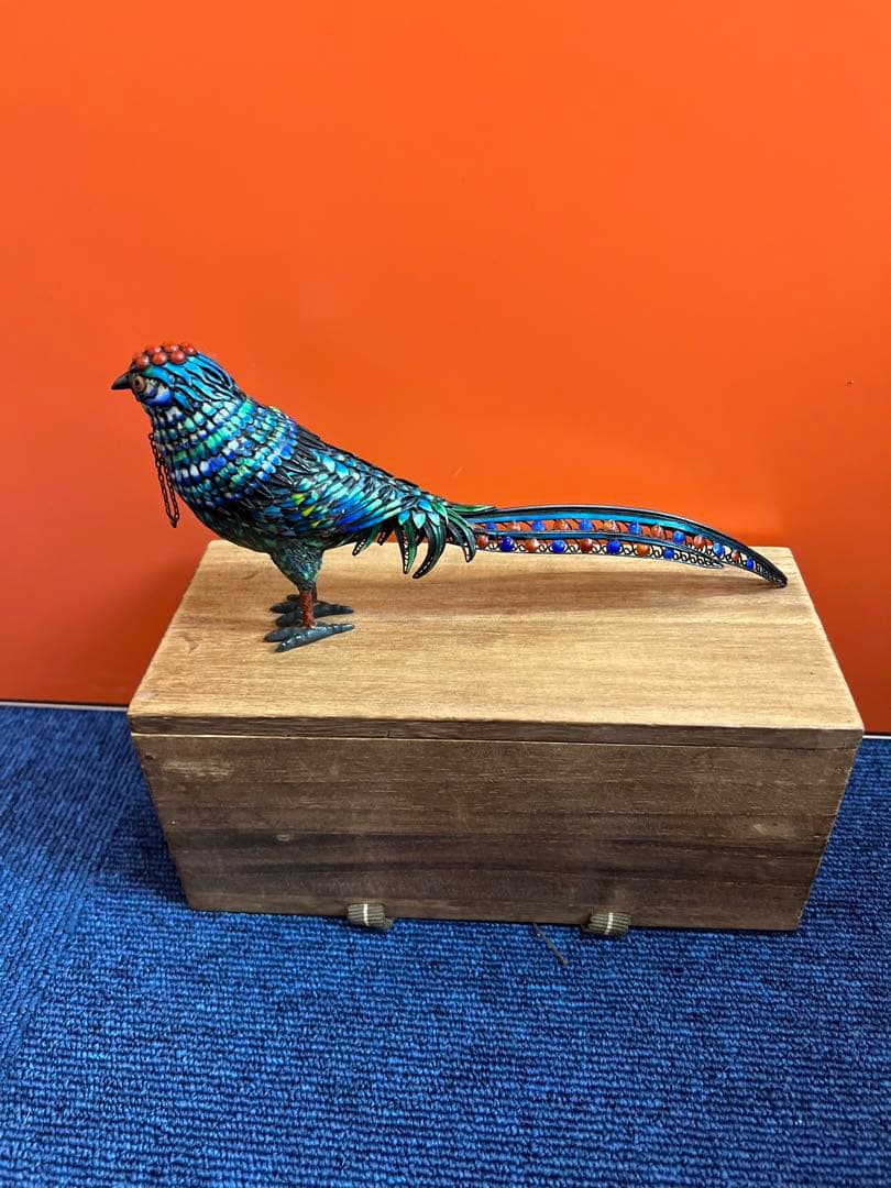 1217 中国美術　銀七宝　珊瑚石細工　鳥　蓋物　置物　工芸品　時代物