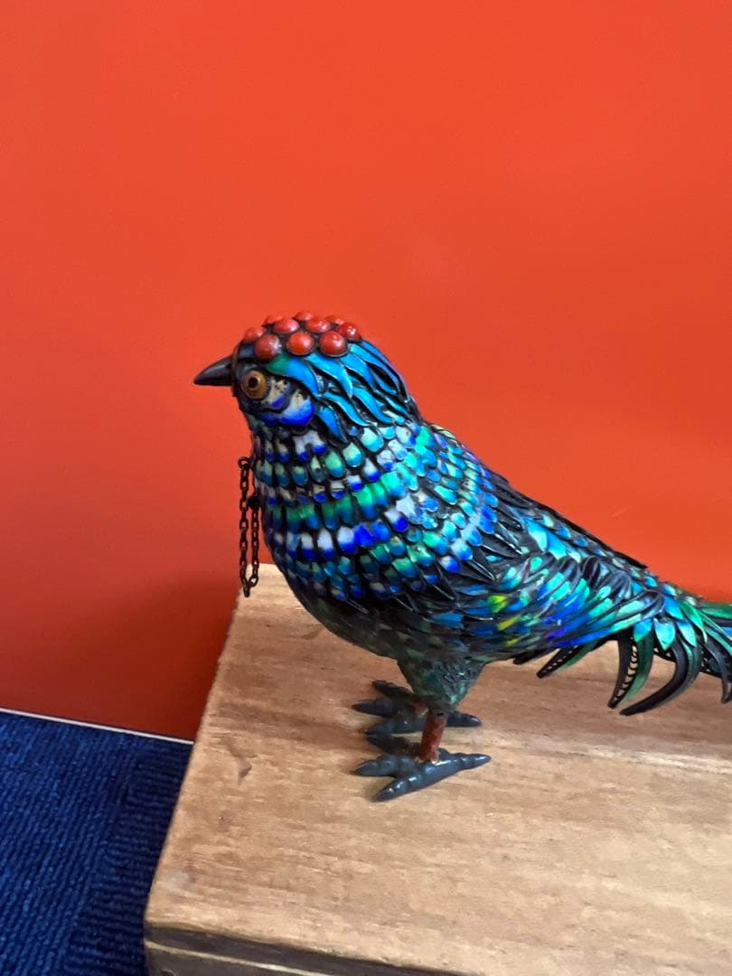 1217 中国美術　銀七宝　珊瑚石細工　鳥　蓋物　置物　工芸品　時代物