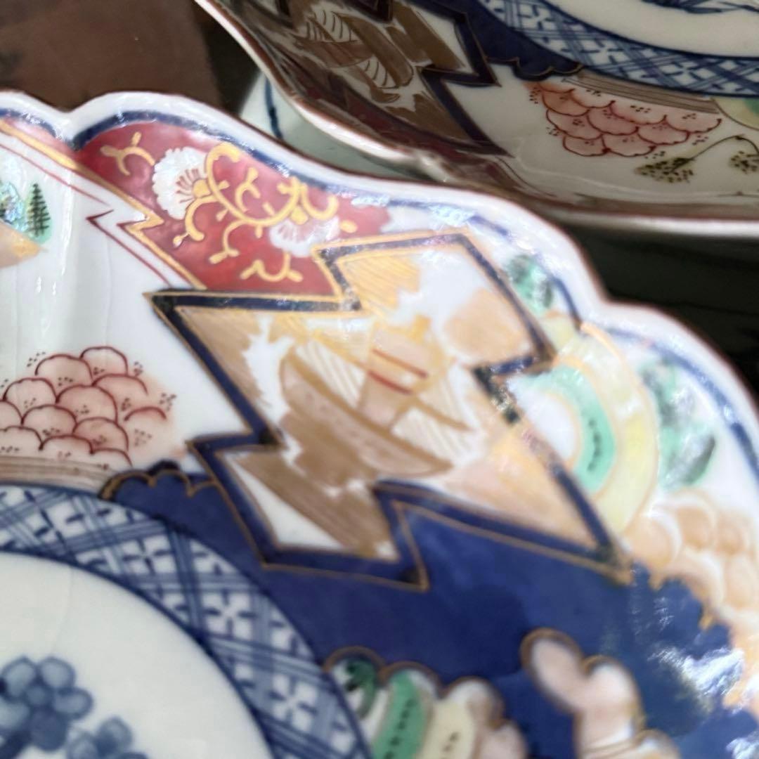 新春特別価格‼️降誕祭GOLD伊万里錦手　帆かけ舟❌山水❌米俵富貴長春八寸皿5客