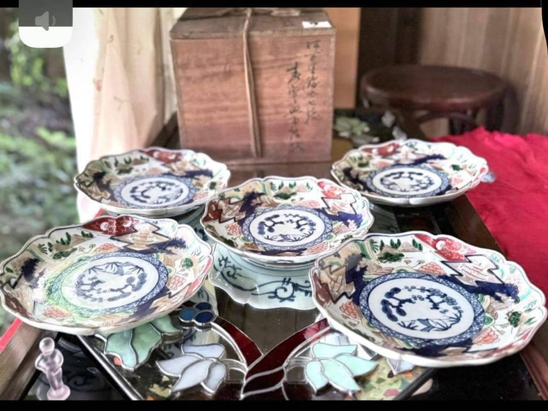 新春特別価格‼️降誕祭GOLD伊万里錦手　帆かけ舟❌山水❌米俵富貴長春八寸皿5客