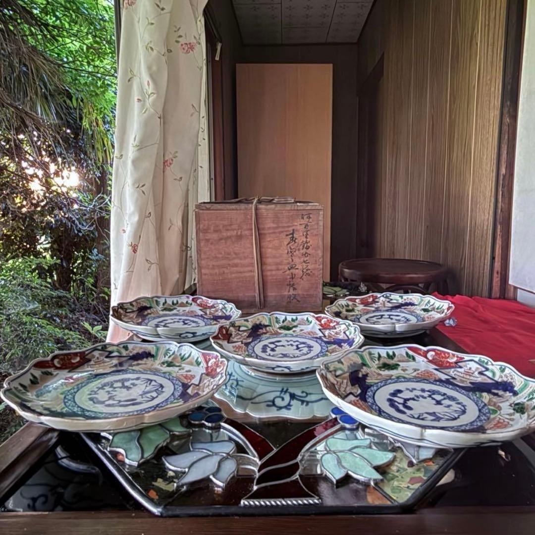 新春特別価格‼️降誕祭GOLD伊万里錦手　帆かけ舟❌山水❌米俵富貴長春八寸皿5客