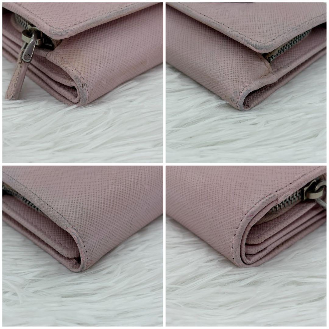 美品✨プラダ 三つ折り財布 サフィアーノ 三角ロゴ レザー　ピンク