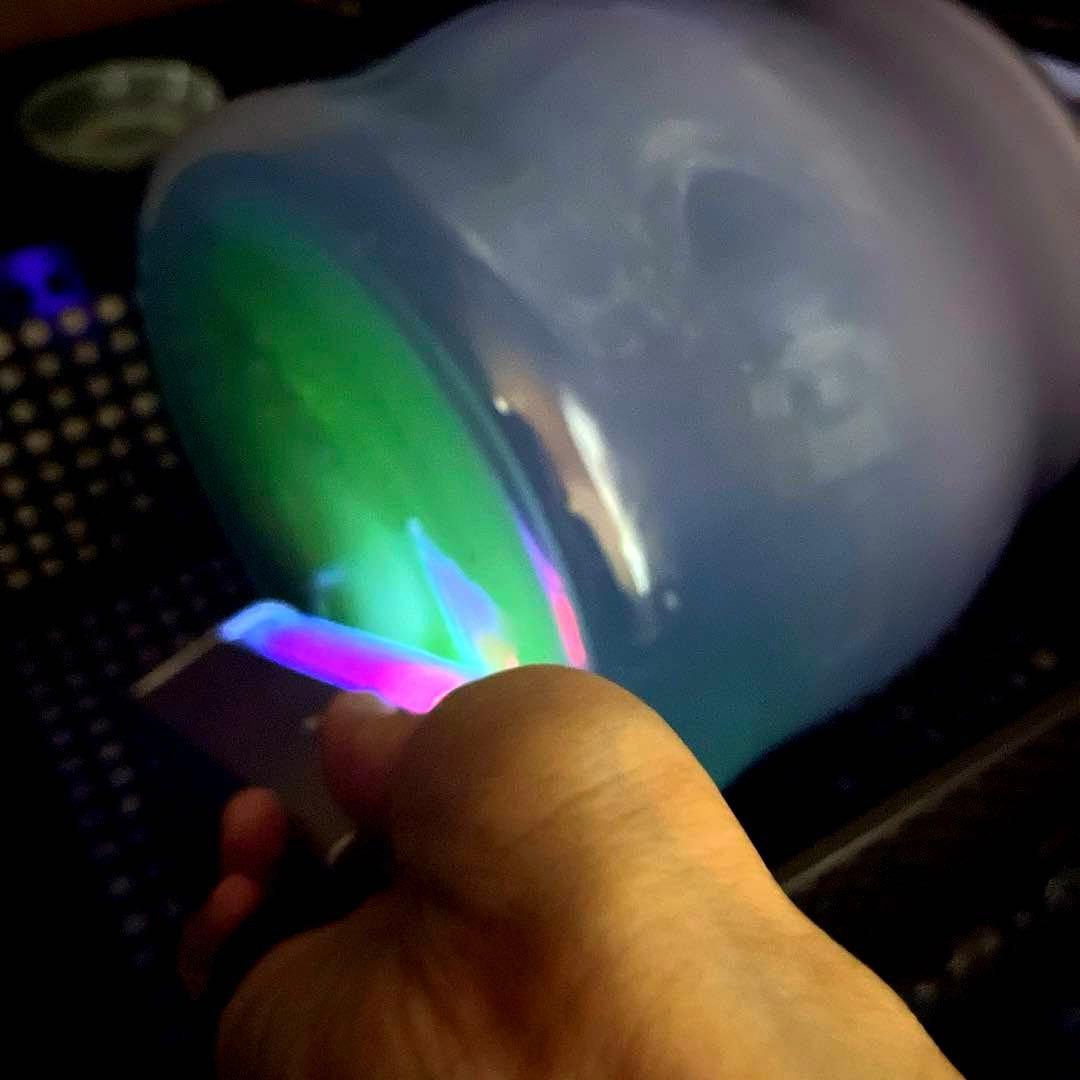 骨董　時代ガラス　淡紫色　乳白色暈し　括れ寸胴型　水指　花器　ウランガラス