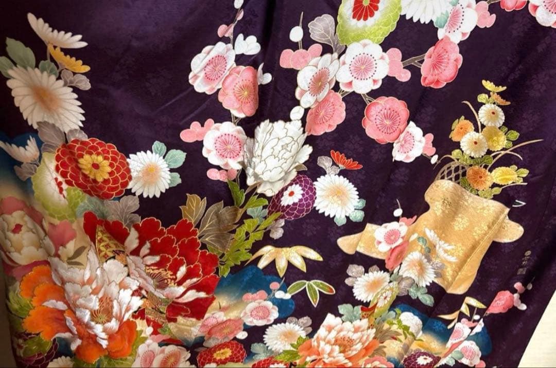 紫 古典柄 花々 振袖 身丈162