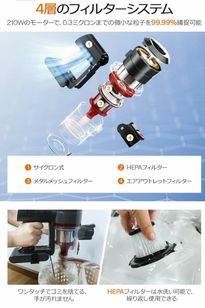 掃除機 コードレス スティッククリーナー 【45000pa強力吸引】