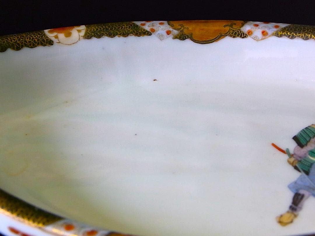 【 E399 】 超名品　明治期瀬戸焼上手作品　川本桝吉作品　超細密武士文舟形皿