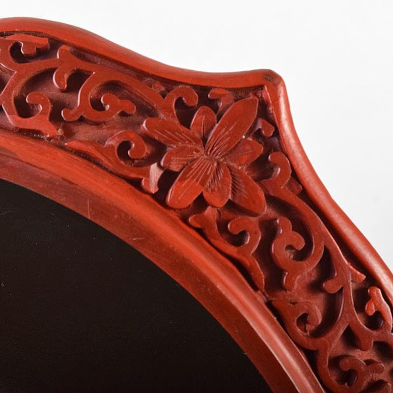 中国　堆朱　山水楼閣彫　針木盆　輪花盆　時代箱付　F　R8632