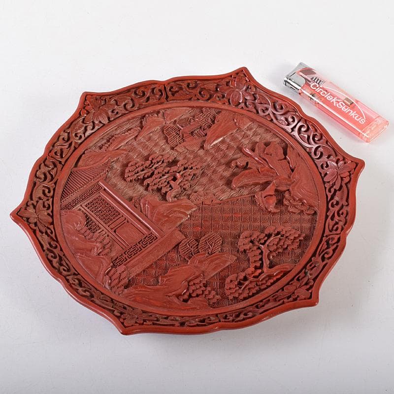 中国　堆朱　山水楼閣彫　針木盆　輪花盆　時代箱付　F　R8632