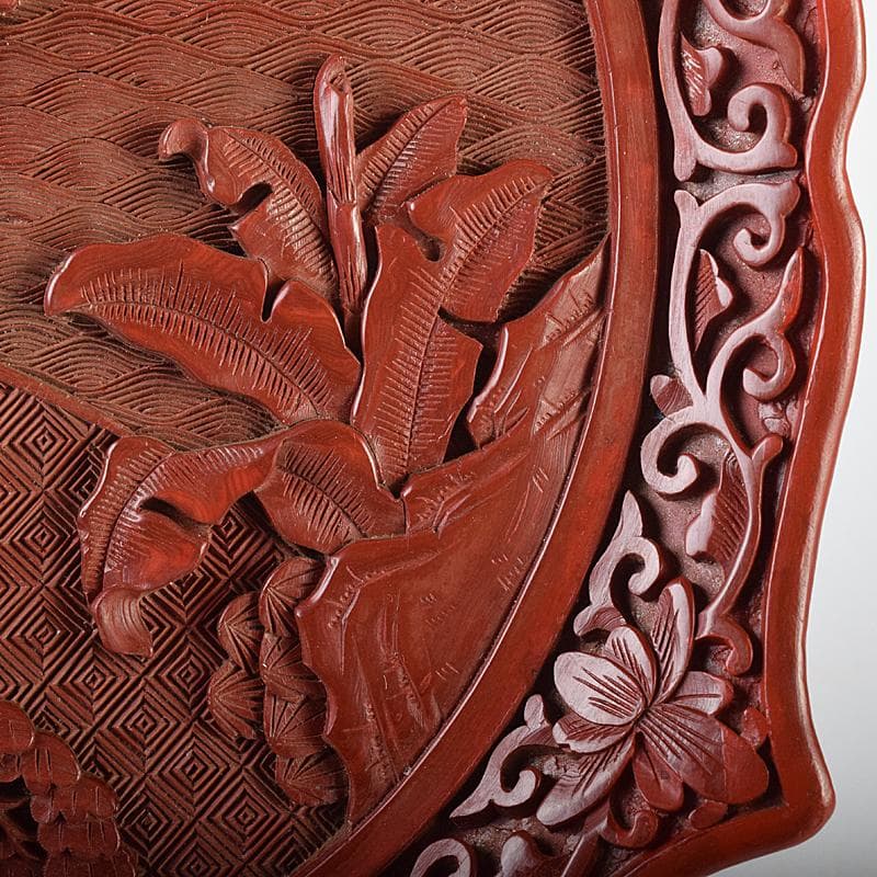 中国　堆朱　山水楼閣彫　針木盆　輪花盆　時代箱付　F　R8632