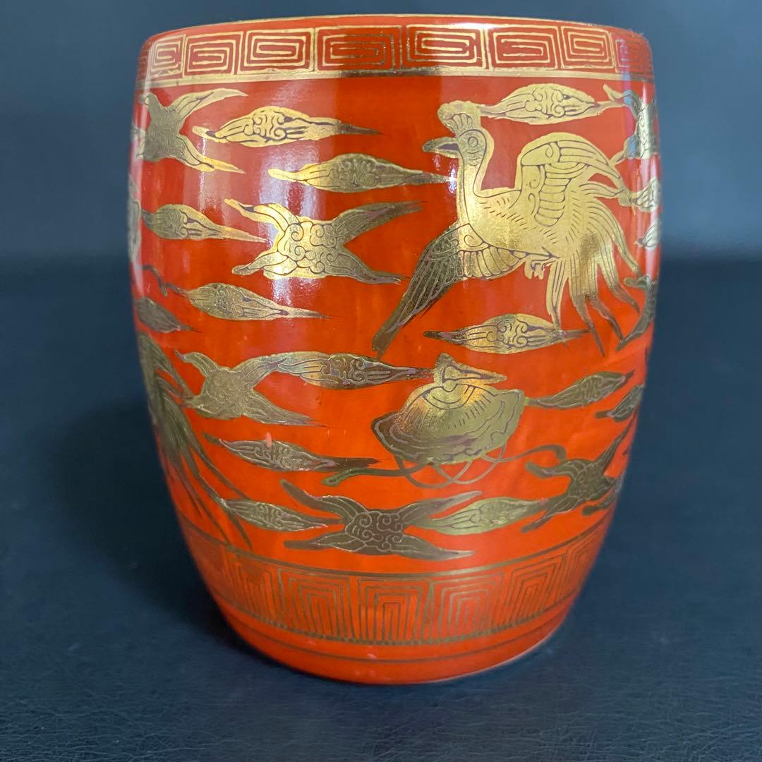 蔵出し　昭和初期　九谷焼 マグカップ 戦前輸出用 永楽窯 朱色唐草金彩永楽　希少