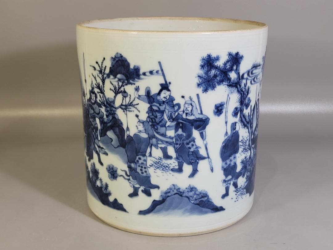 中国 青花 武人紋 紙 筆筒 時代物 古美術 DT442