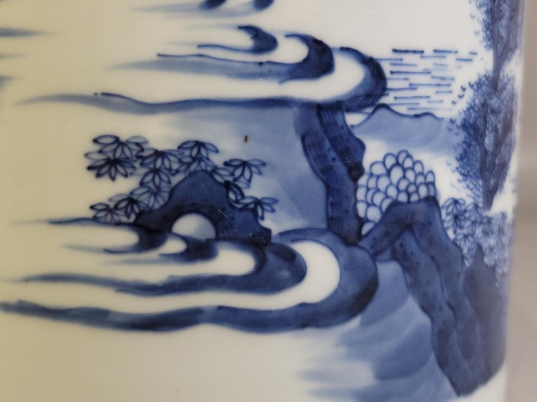 中国 青花 武人紋 紙 筆筒 時代物 古美術 DT442