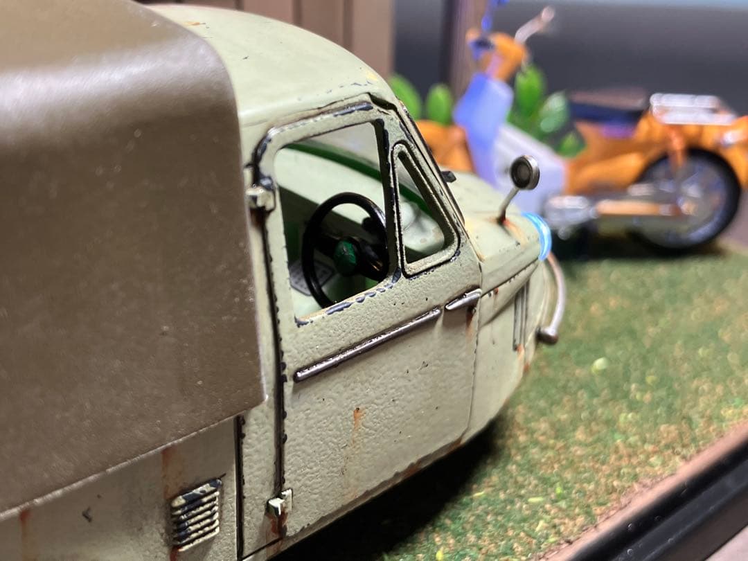 1/32 自作ジオラマ完成品 ミゼット&カブ 昭和レトロな風景 LED照明