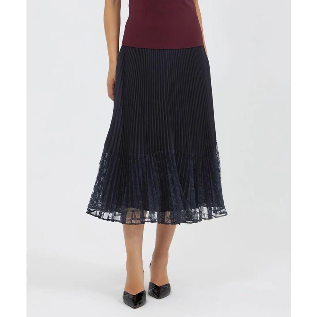 美品 EPOCA レースコンビパウダリージョーゼット プリーツスカート ネイビー