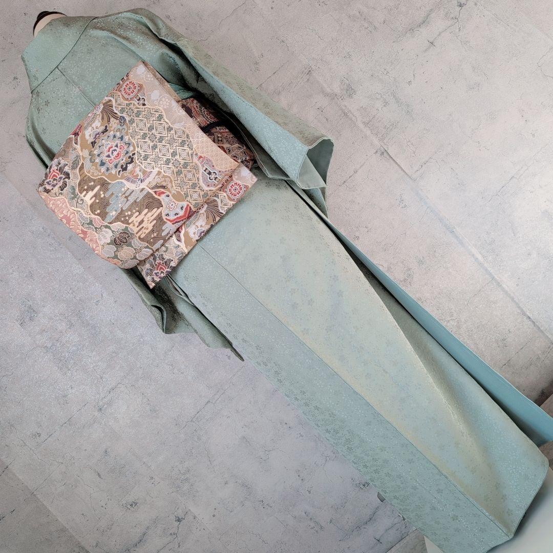 色無地　着物　フルセット　正絹　地紋豪華花　緑　パステルグリーン　爽やか　E1