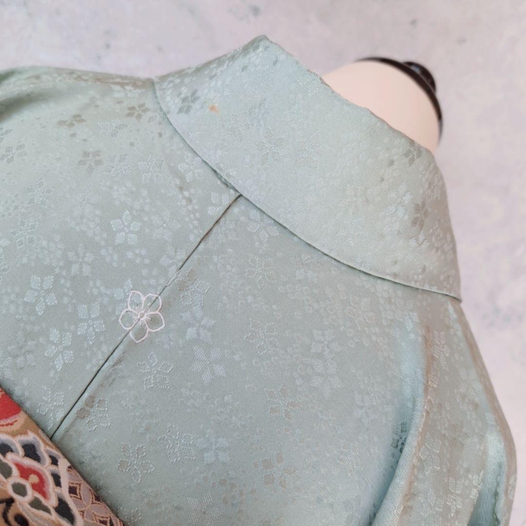 色無地　着物　フルセット　正絹　地紋豪華花　緑　パステルグリーン　爽やか　E1