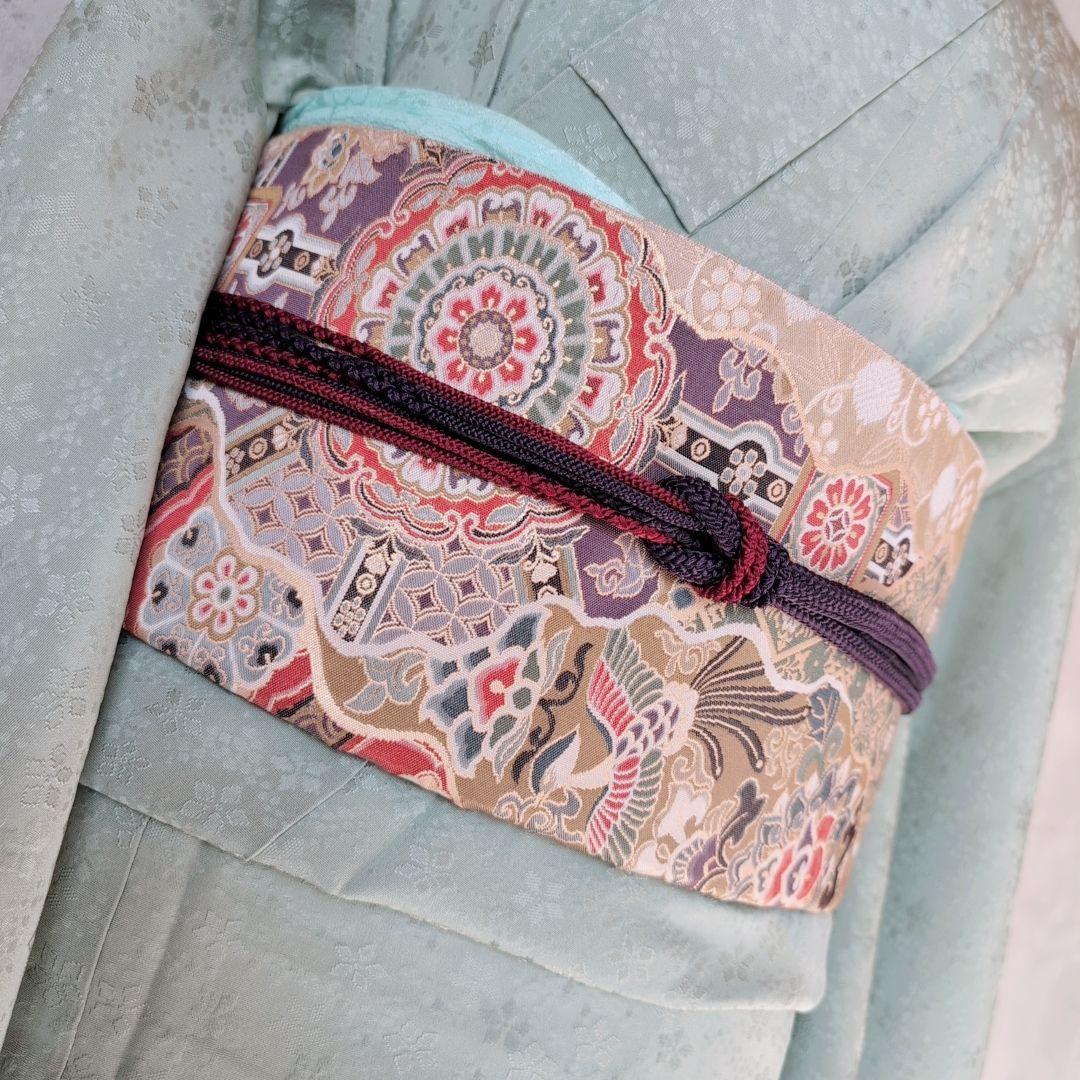 色無地　着物　フルセット　正絹　地紋豪華花　緑　パステルグリーン　爽やか　E1