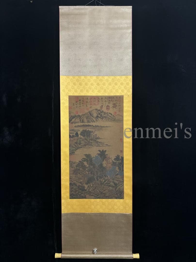 中国古美術 清時代の彩代 絹本手描き 黄公望 山水図 水墨画 三尺 牙軸 古玩